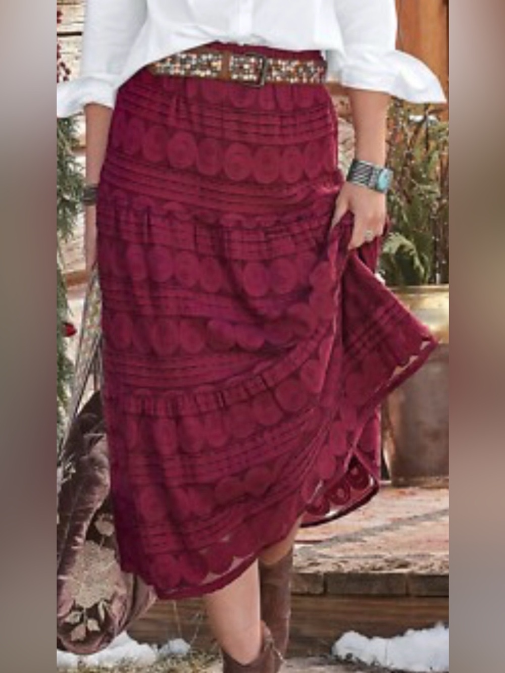 Sundance burgundy lace mid length lined A-Line Skirt women’s medium boho